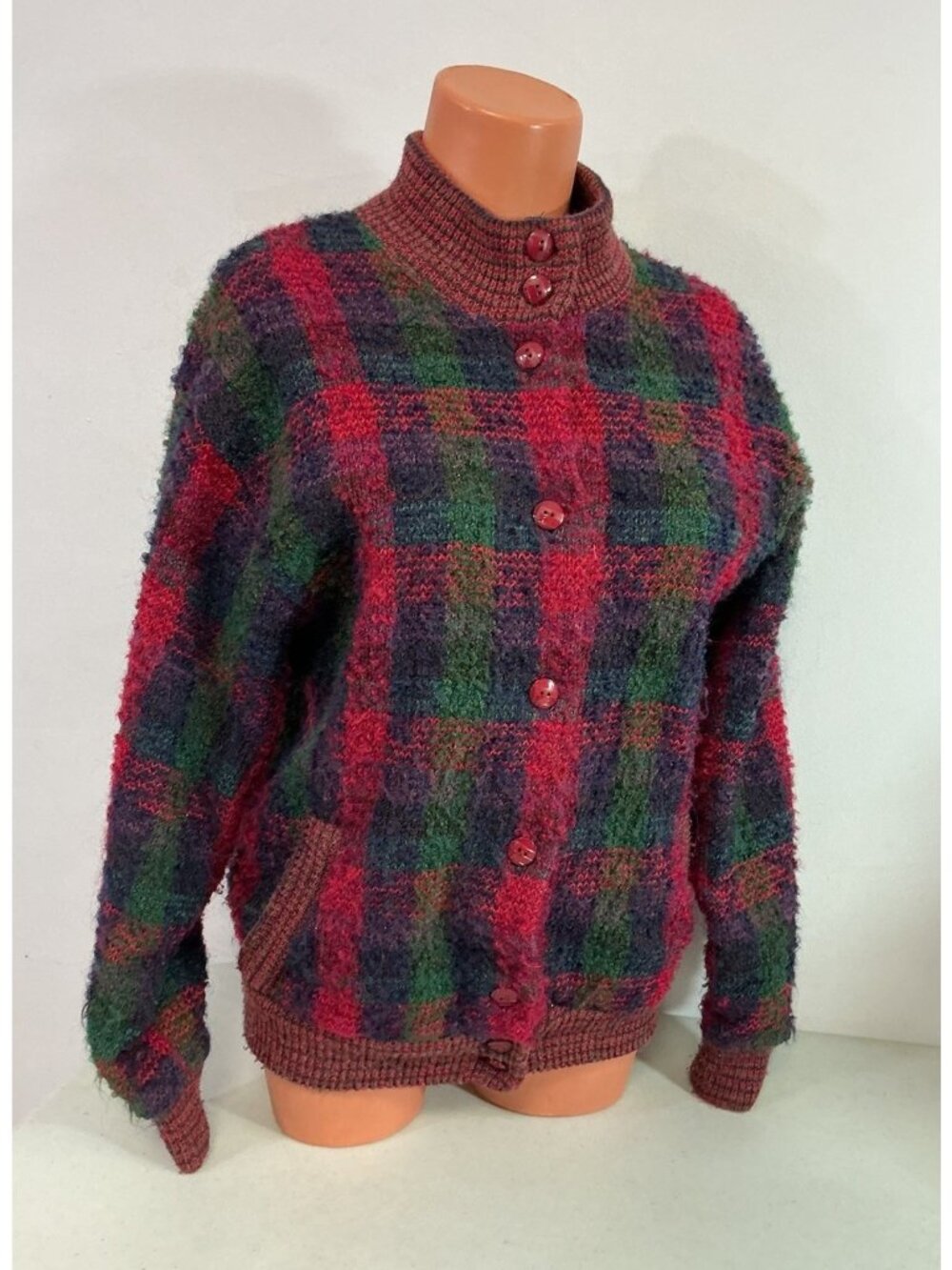 Vintage Plaid Wool Cardigan Sweater Side Pockets Womens 12